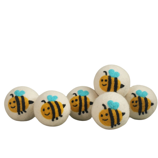 Wool Dryer Balls 7.5 cm – 6 Pack, Needle-Felted Bees Design, 100% Wool, Handmade in Nepal, Reusable Eco-Friendly Dryer Balls, Chemical-Free Fabric Softener Alternative (Bees)