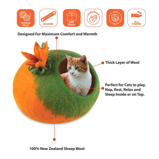 Cat Cave Bed – Orange Pumpkin | Handmade Felted New Zealand Wool