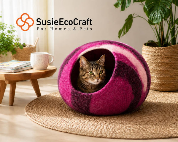 Handmade Felt Wool Cat Cave Bed pink stripe– Cozy Eco-Friendly New Zealand Wool Pet Hideaway – Indoor Cat & Kitten Bed – Gift for Pet Lovers