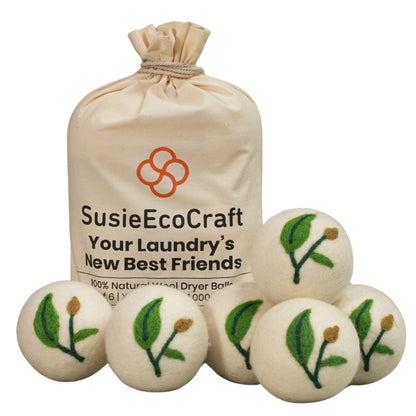 Wool Dryer Balls 7.5 cm – 6 Pack Needle-Felted Eco Designs, Handmade 100% Wool, Reusable & Eco-Friendly Laundry Balls (Leaf)