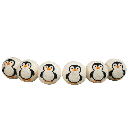 Wool Dryer Balls 7.5 cm – 6 Pack Needle-Felted Eco Designs, Handmade 100% Wool, Reusable & Eco-Friendly Laundry Balls (Penguin)