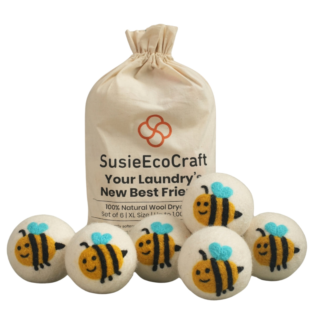 Wool Dryer Balls 7.5 cm – 6 Pack, Needle-Felted Bees Design, 100% Wool, Handmade in Nepal, Reusable Eco-Friendly Dryer Balls, Chemical-Free Fabric Softener Alternative (Bees)