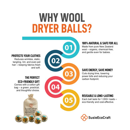 Wool Dryer Balls 7.5 cm – 6 Pack, Needle-Felted Bees Design, 100% Wool, Handmade in Nepal, Reusable Eco-Friendly Dryer Balls, Chemical-Free Fabric Softener Alternative (Bees)