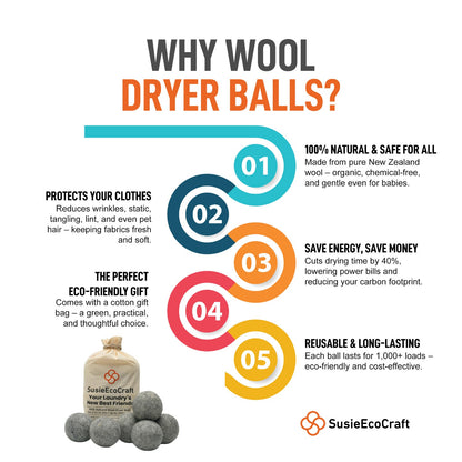 Wool Dryer Balls XL (6 Pack, 7.5 cm, Natural Gray) – 100% New Zealand Wool, Handmade in Nepal – Reusable, Eco-Friendly, Chemical-Free Fabric Softener Alternative for Laundry, 1000+ Loads