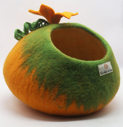 Cat Cave Bed – Orange Pumpkin | Handmade Felted New Zealand Wool