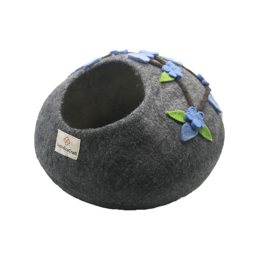 Handmade Felted Wool Cat Cave Bed, Eco Friendly, Grey Flower Design