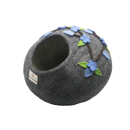 Handmade Felted Wool Cat Cave Bed, Eco Friendly, Grey Flower Design