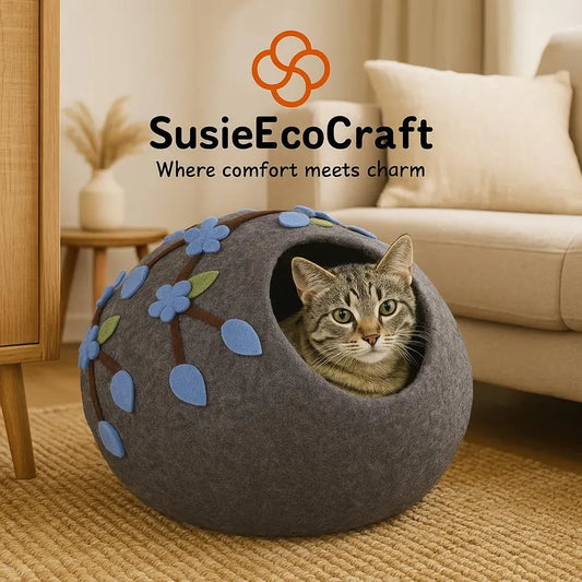 Handmade Felted Wool Cat Cave Bed, Eco Friendly, Grey Flower Design