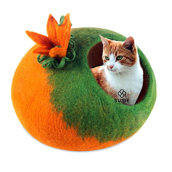 Cat Cave Bed – Orange Pumpkin | Handmade Felted New Zealand Wool