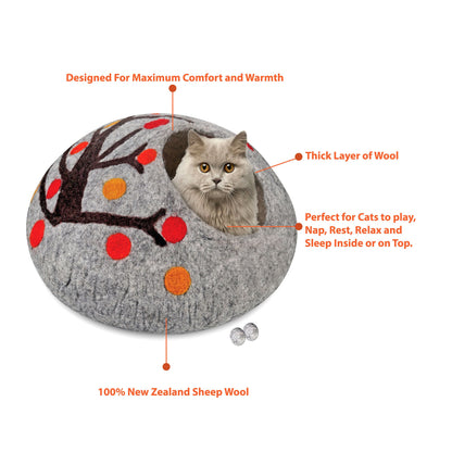 Handmade Felt Cat Cave Eco Friendly New Zealand Wool Pet Bed Cozy Indoor Cat House Multicolour Tree Design for Cats and Kittens