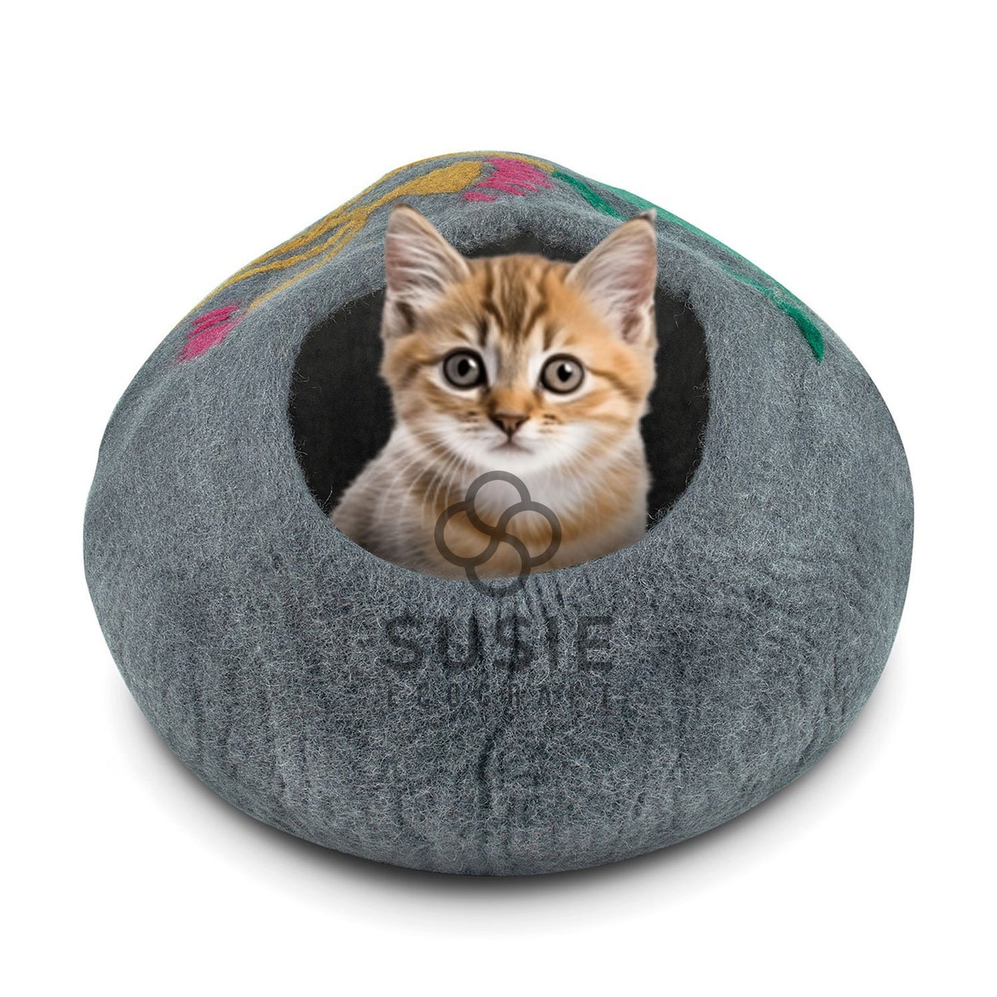 Handmade Felt Cat Cave –Eco-Friendly Pet Accessory ~Cat Cave Eucalyptus Flower ~ Cozy Beds for Cats & Kittens ~ Bonus Felt Wool Ball