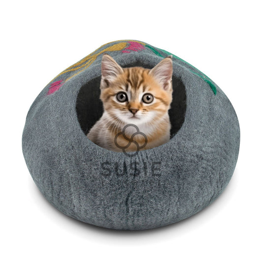 Handmade Felt Cat Cave –Eco-Friendly Pet Accessory ~Cat Cave Eucalyptus Flower ~ Cozy Beds for Cats & Kittens ~ Bonus Felt Wool Ball
