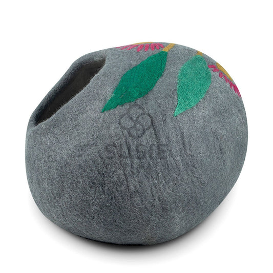 Handmade Felt Cat Cave –Eco-Friendly Pet Accessory ~Cat Cave Eucalyptus Flower ~ Cozy Beds for Cats & Kittens ~ Bonus Felt Wool Ball