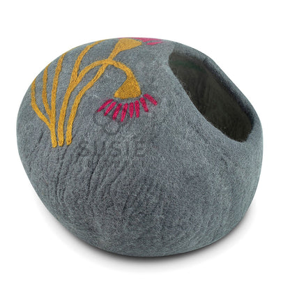 Handmade Felt Cat Cave –Eco-Friendly Pet Accessory ~Cat Cave Eucalyptus Flower ~ Cozy Beds for Cats & Kittens ~ Bonus Felt Wool Ball