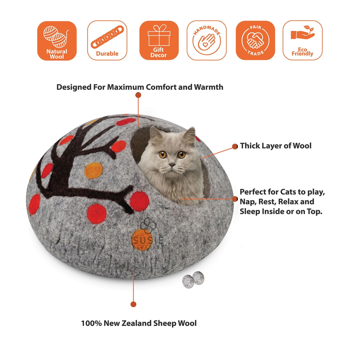 Handmade Felt Cat Cave Eco Friendly New Zealand Wool Pet Bed Cozy Indoor Cat House Multicolour Tree Design for Cats and Kittens