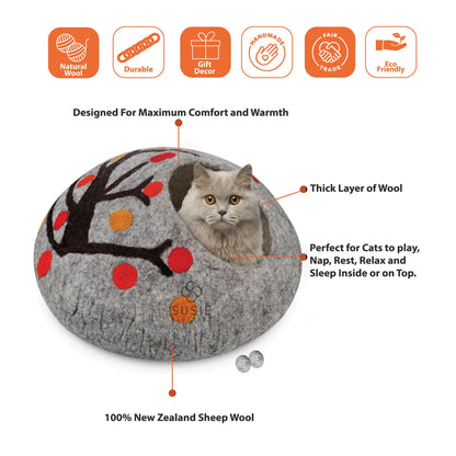 Handmade Felt Cat Cave Eco Friendly New Zealand Wool Pet Bed Cozy Indoor Cat House Multicolour Tree Design for Cats and Kittens