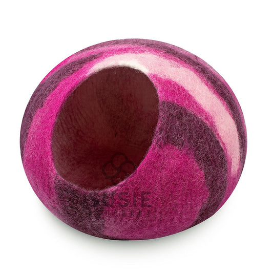 Handmade Felt Wool Cat Cave Bed pink stripe– Cozy Eco-Friendly New Zealand Wool Pet Hideaway – Indoor Cat & Kitten Bed – Gift for Pet Lovers