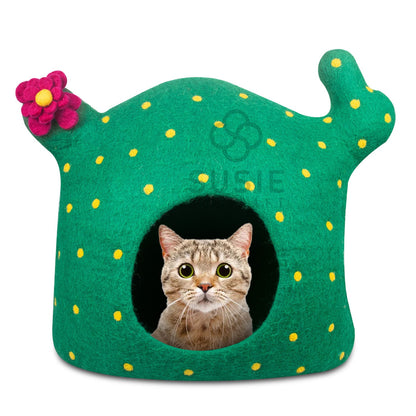 Cat Cave Bed Cactus Handmade Eco Friendly Natural Felted New Zealand Wool Warm and Cozy Beds for Cats and Kittens ~Bonus Wool Ball