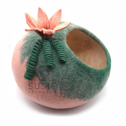 Cat Cave Bed House Pink Flower ~ Handmade Felted Eco-Friendly Natural Wool ~ Warm and Cozy Beds for Cats and Kittens ~ Bonus Felt Wool Ball