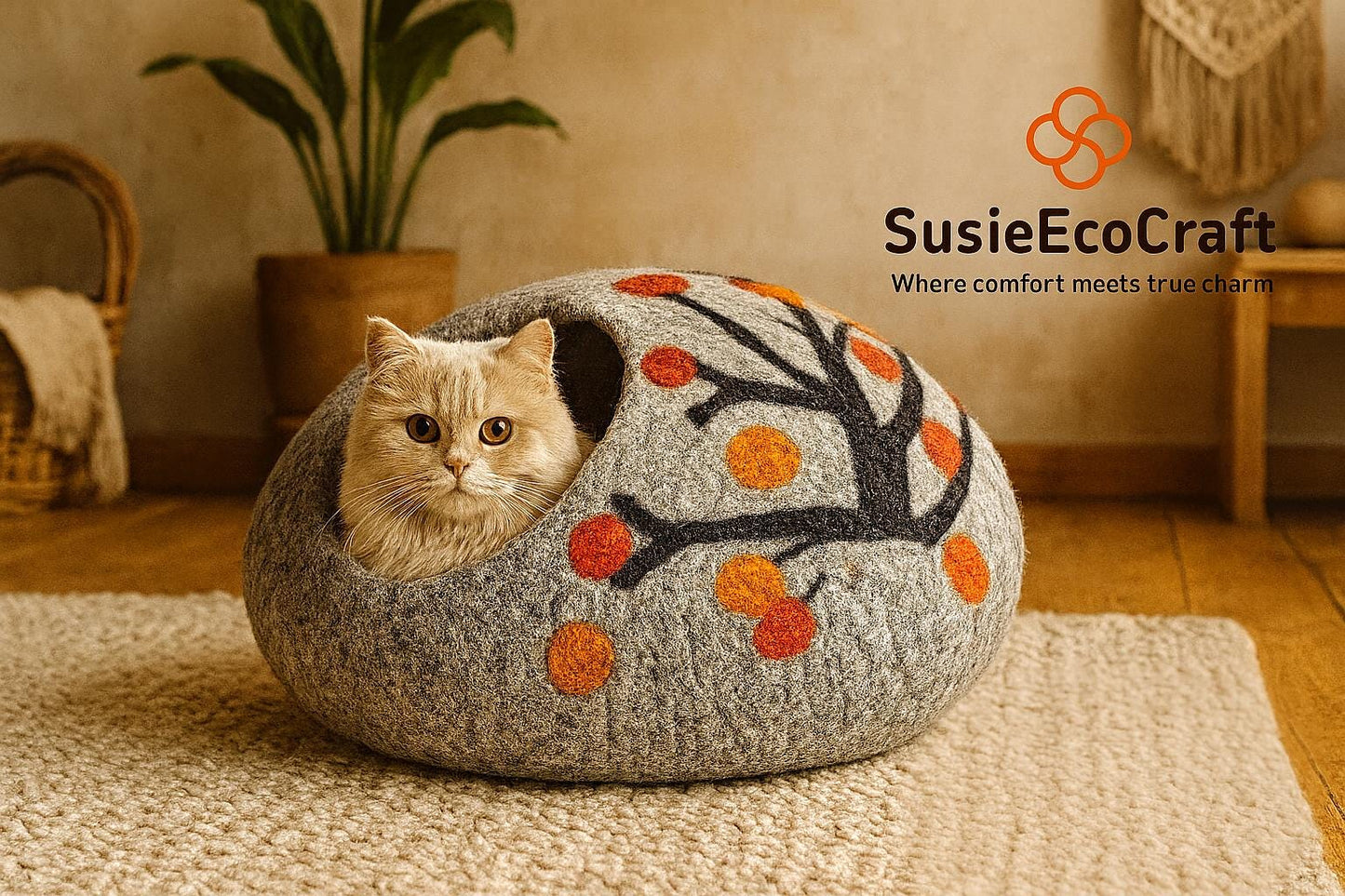 Handmade Felt Cat Cave Eco Friendly New Zealand Wool Pet Bed Cozy Indoor Cat House Multicolour Tree Design for Cats and Kittens
