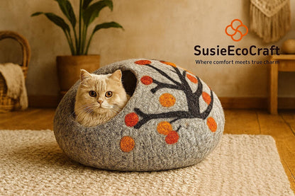 Handmade Felt Cat Cave Eco Friendly New Zealand Wool Pet Bed Cozy Indoor Cat House Multicolour Tree Design for Cats and Kittens