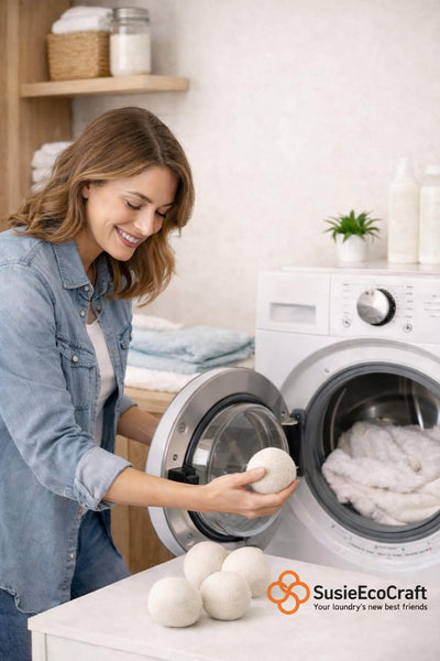 Woman holding laundry detergent balls in front of a washing machine with SusieEcoCraft branding.